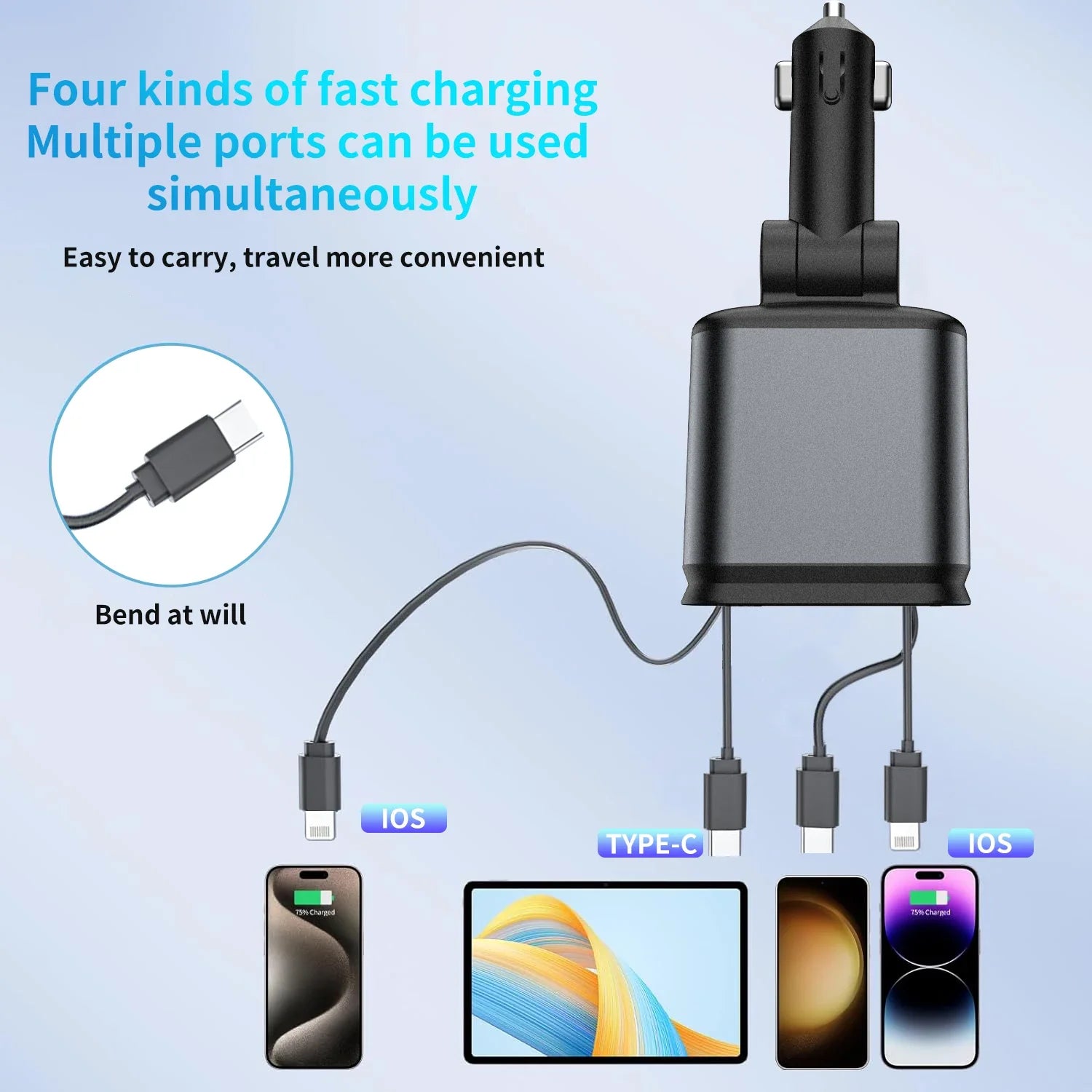 4 in 1 Car Charger with Retractable Cable Atmosphere Lamp Star Top Light 120W Adapter Car Phone Charger USB Type-C Ports 12-24V